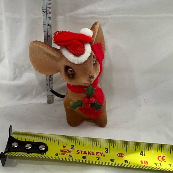Vintage Brown Fuzzy Christmas Mouse Tree Ornament With Gold Hanger String - Picture 7 of 7